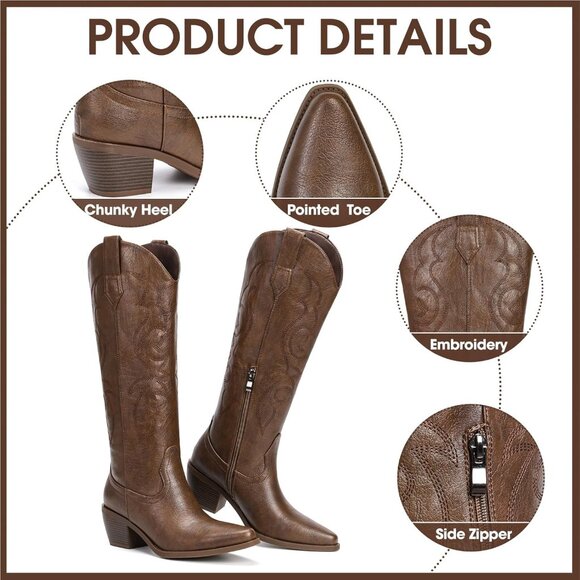 Women Brown Polyurethane Classic Embroidery Side Zipper Knee High Western Boots - Picture 4 of 5